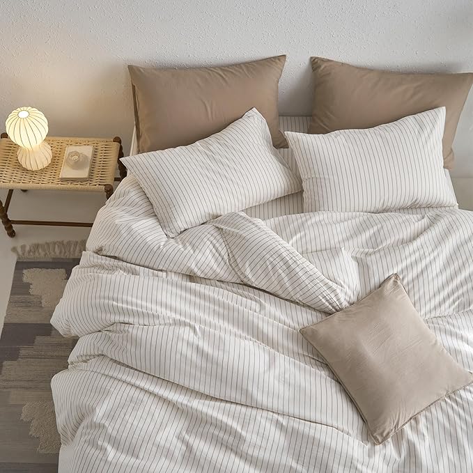 MooMee Striped Duvet Cover Set 100% Washed Cotton Linen Like Textured Breathable Durable Soft Comfy (White Tannish Linen Grey Wide Stripes, King 104"x90")