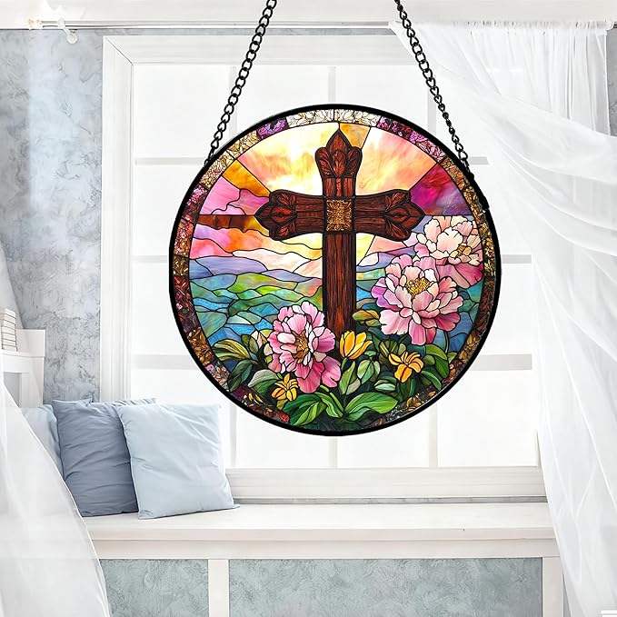 Christian Gifts for Women - Cross Stained Glass Window Hanging Jesus Easter Pink Flower Peony Sun Catcher Garden Religion Decor Mother's Day Catholic Gift for Men Grandma Mom Her Nana 15"
