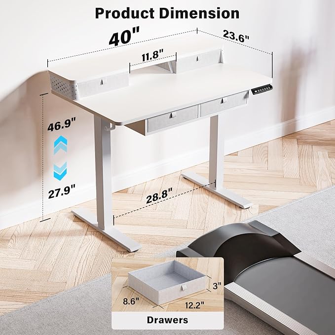Electric Standing Desk with 4 Drawers 40''x 24'' Small Adjustable Height Sit to Stand Up Desk with Storage Shelf, C-Clamp Mount Compatible Black Home Office Desks Computer Desk Ergonomic Workstation