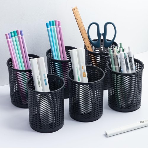 M&G Pen Holder - 6 Pack Mesh Desk Organizer for Office | Stylish Black Pencil Cup