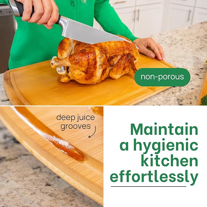Bamboo Cutting Boards for Kitchen with Glue-Free Surface and Lifetime Replacements – Organic Wooden Chopping Board with Juice Grooves for Carving & Serving, Non Toxic & Durable by Greener Chef