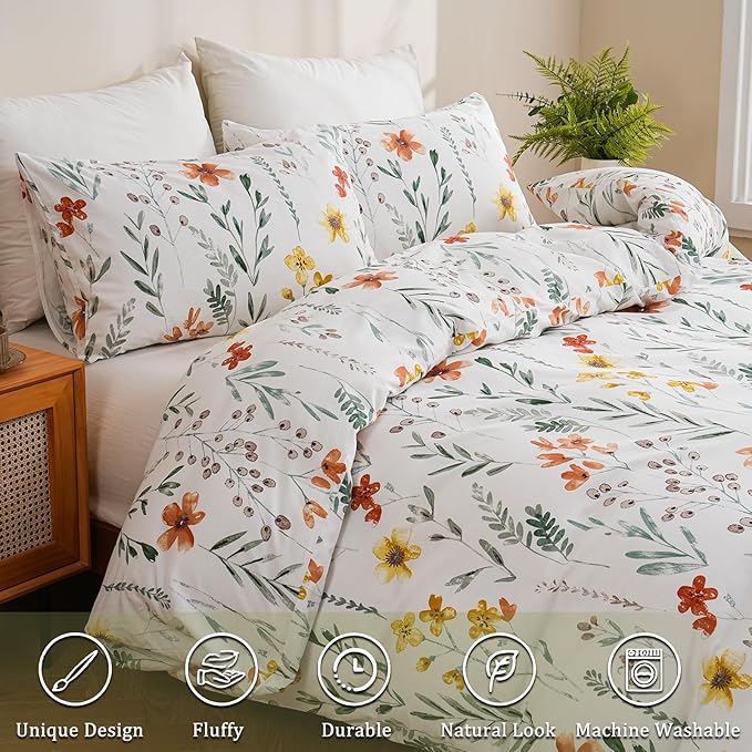 Floral Duvet Cover Queen Size, 100% Nature Cotton 3 Pcs Garden Floral Aesthetic Bedding Set with Zipper Closure Ultra Soft&Breathable Cottagecore Botanical Duvet Cover Set