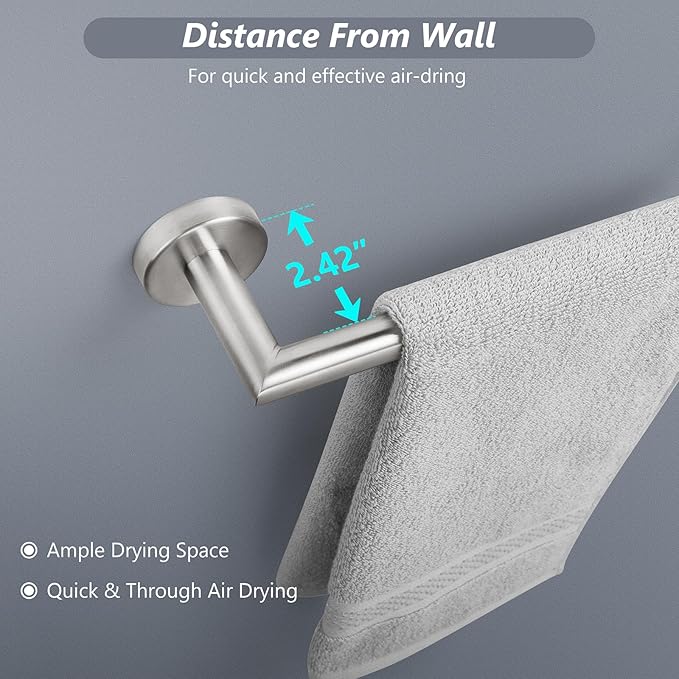 JunSun Bathroom Towel Bar 12 Inch Brushed Nickel Towel Racks Wall Mounted Bath Hand Towel Holder Modern Home Decor Towel Rod Bathroom Hardware Stainless Steel Towel Hanger Silver Towel Rail Single Bar