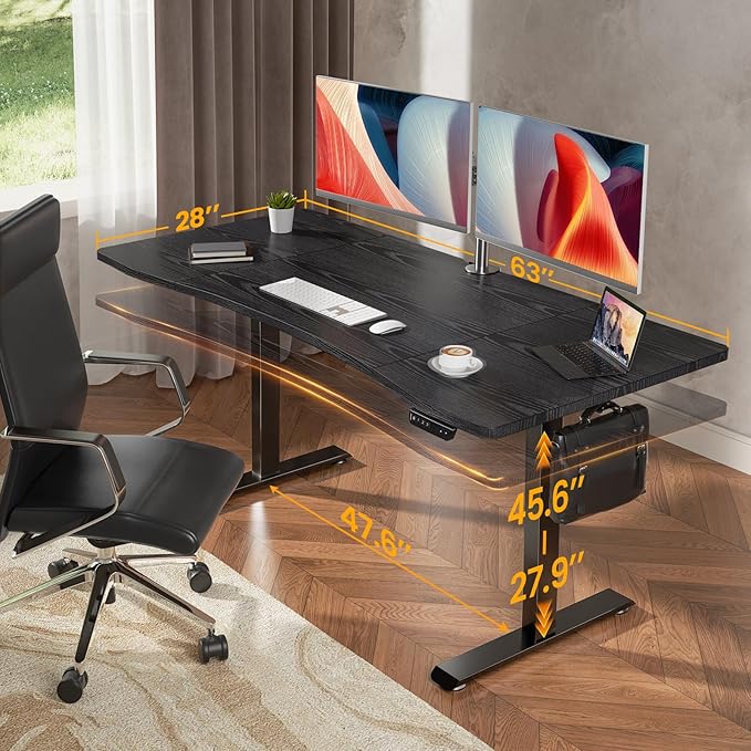 Veken 63 x 28 Inch Electric Standing Desk, Sit to Stand Up, Work Home Office Computer Table for Study, Walking Pad, Writing, and Games, Wooden Desktop Desks, Black
