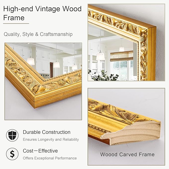 Large Decorative Mirror for Wall Decor, 59''x 29'' Gold Antiuqe Living Room Mirrors with Ornate Carvings Wood Frame, Big Vanity Mirror for Bathroom, Horizontal/Vertical