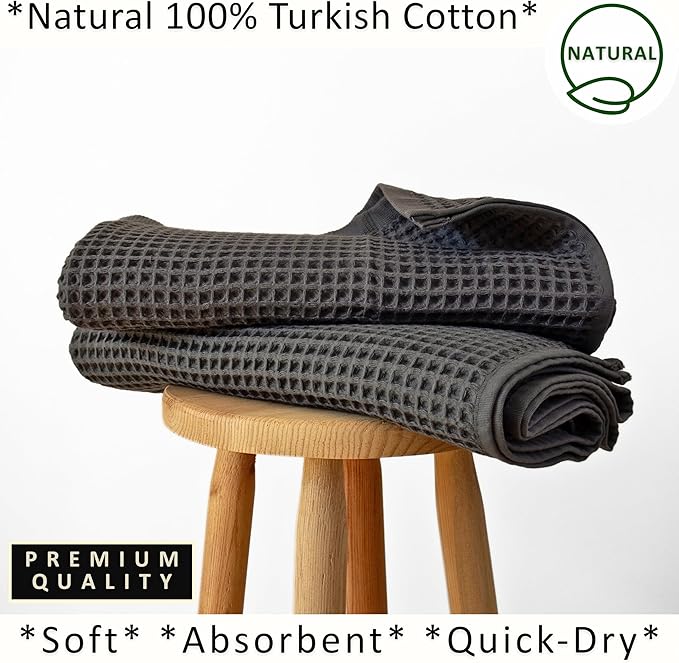 PÜSKÜL Natural 100% Turkish Cotton Waffle Bath Towels Set of 2-Piece | 32x63 inch Extra Large Absorbent Quick-Dry Lightweight Spa Towel | Luxury Sauna Accessories (Dark Gray Bath Towels - Pack of 2)