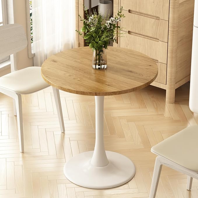 Round Dining Table 27.5" Circle Tulip Table with Wood Thickened Tabletop & Sturdy Metal Pedestal Mid Century Modern Leisure Bistro Kitchen Tables 4 People Small Places Living Room Cafe,Oak
