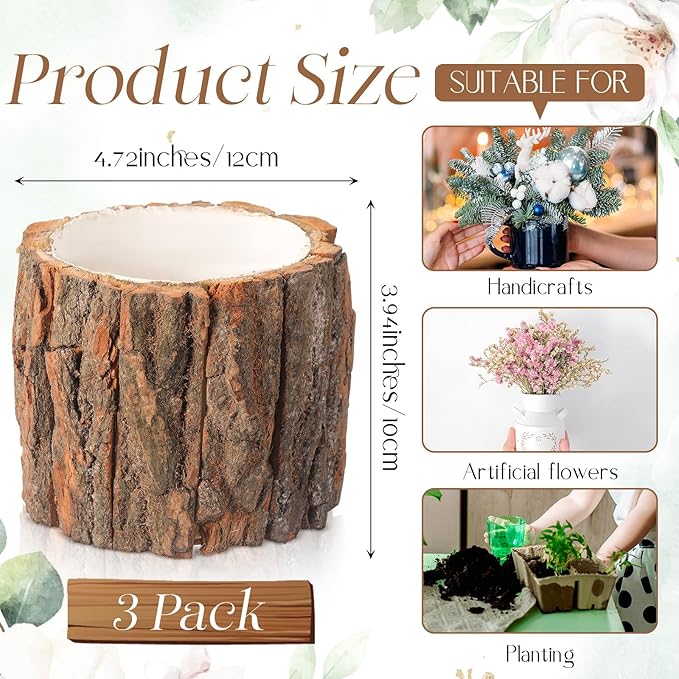 3 Pcs Wooden Vase for Centerpieces Christmas Table Decor Wooden Flower Vase Rustic Bark Stump Buckets Vintage Wood Planter Pots for Xmas Woodland Party Wedding Window Home Farmhouse (Large)