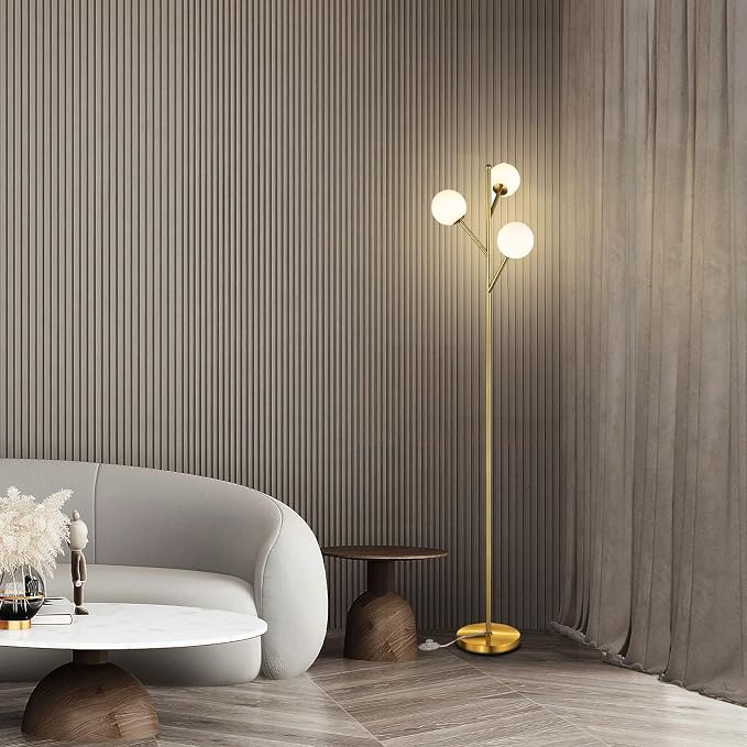 Ldeco Globe Mid Century Tree Floor Lamp with 3 Light Bulbs,70in Tall Standing Glod Floor Lamp with Frosted Glass Shade for Living Room,Office,Bedroom, Study Room, Hotel, Antique Brass Lighting
