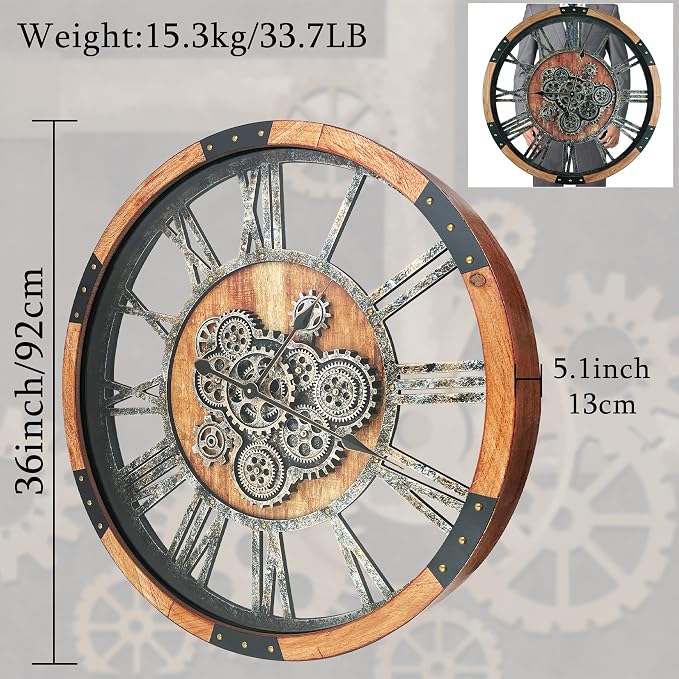 36 Inch Moving Gear Wall Clock, Oversized Wall Clocks, Clock Living Room Decor, Solid Wood Frame, Battery Operated, Large Wall Clock with Steampunk Industrial for Fireplace(Brown)