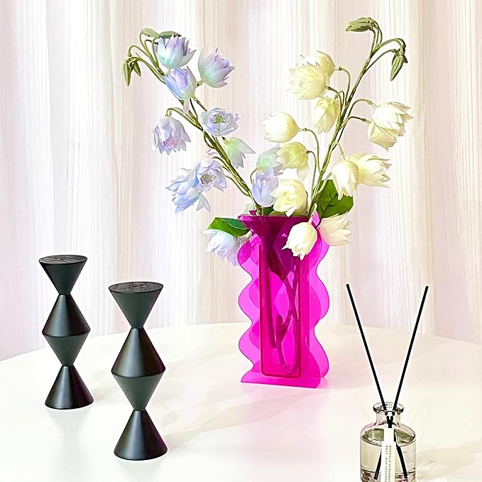 Hot Pink Acrylic Vase, 8-Inch Wave Shaped, Modern Centerpiece, Home Office Decor