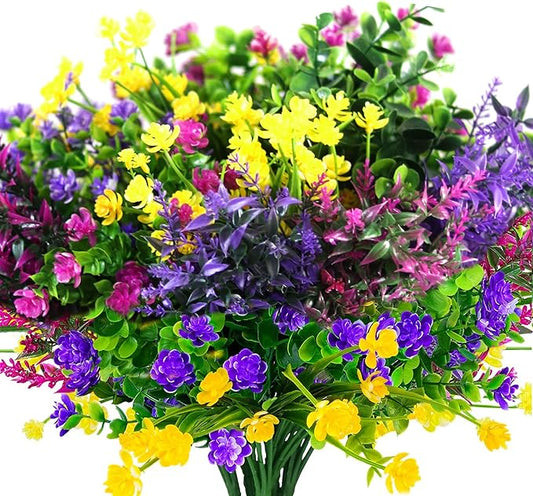 24 Bundles Artificial Fake Flowers Outdoor, 6 Styles UV Resistant No Fade Faux Plastic Greenery Shrubs Plants for Hanging Garden Porch Window Box Farmhouse Outside Decoration