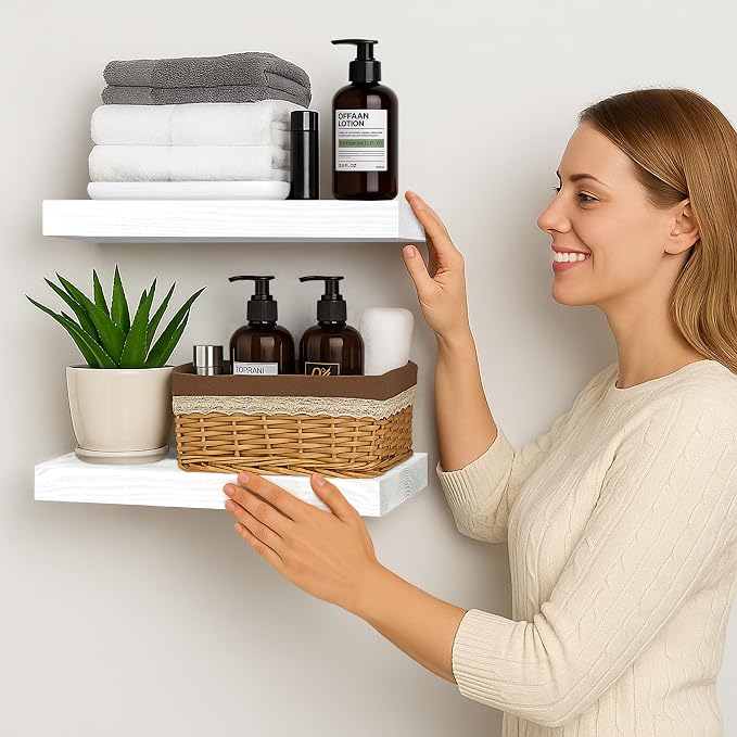 BGMG Wood Floating Shelves 12 inch Set of 2,White Floating Shelves for Wall,Solid Wood Wall Shelves for Bathroom Living Room Bedroom Kitchen Farmhouse -12x 6.7 x1.25 inch