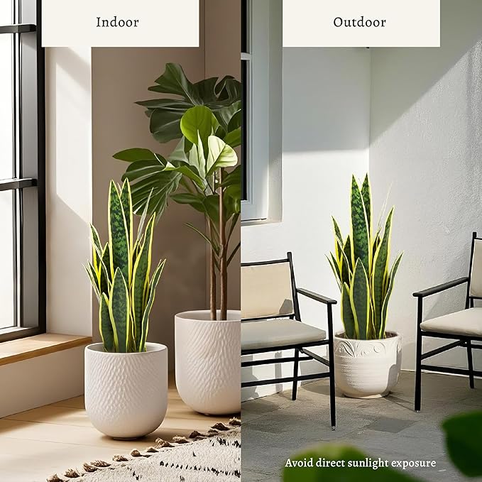 KOL 25.6’’ 2-Pack Artificial Snake Plant, Mother in Law Tongue Plants, 2ft Fake Sansevieria Indoor, 32 Realistic Leaves in Pot, Home Office Hotel Garden Corner Decor, Yellow