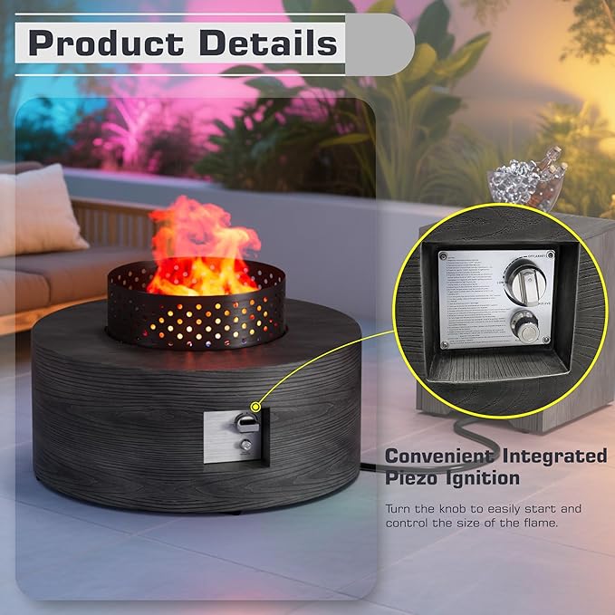 2-Piece 30" Round Propane Fire Pit for Outside Patio with Hidden Tank Table, 50,000 BTU Fireplaces with Wind Guard, Lid, Glass Rocks, Cover(Wood Grain Ebony)