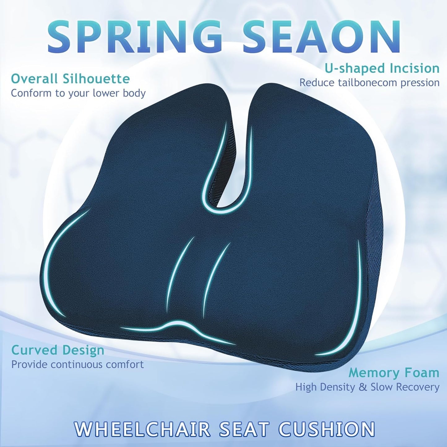 Spring Season Wheelchair Seat Cushion - Ergonomic Memory Foam for Pressure Relief | Cool Fabric, Non-Slip Bottom