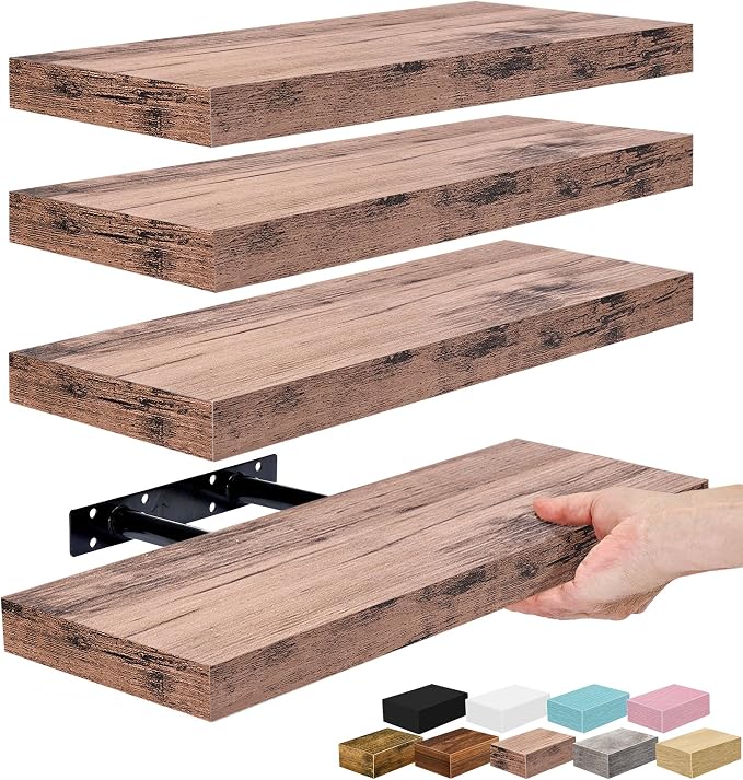 Sorbus Floating Shelves for Wall – 16 Inch Floating Shelf for Kitchen, Bedroom, Living Room, Bathroom, Home & Wall Decor - Mounted Bathroom Shelves with Invisible Brackets (Mahogany, 4 Pack)