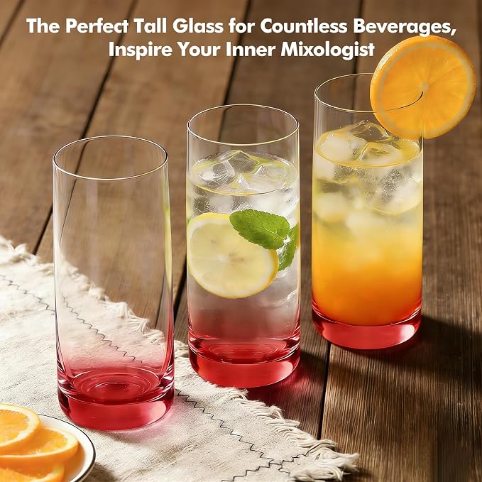 Red Highball Glasses Set of 6,13oz Red Drinking Glass Cups for Mixed Drink Cocktail, Beer, Mojito, Water and Juice,Thick Tall Crystal Glassware for Kitchen, Restaurant, Home Bar and Parties