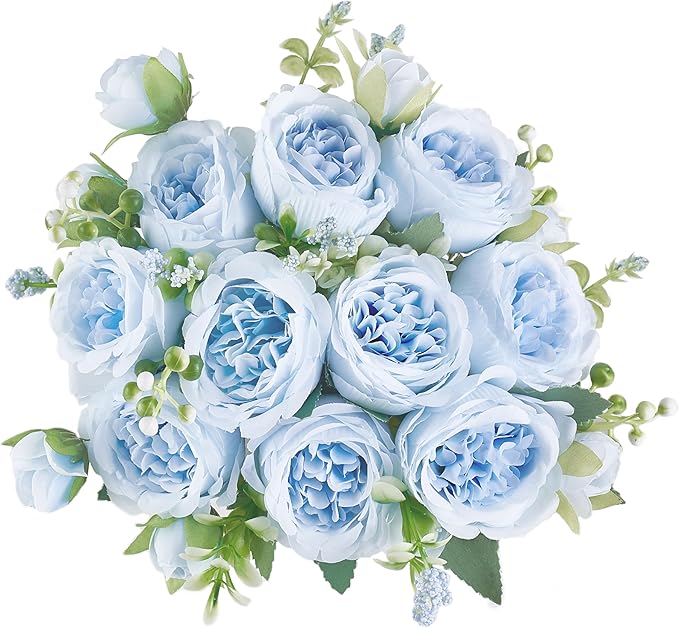 Mkono Peonies Artificial Flowers, Small Silk Flowers for Home Decor Indoor Fake Bouquet Faux Floral Arrangements Dining Table Centerpieces for Kitchen Bridal Wedding Party Decor Blue
