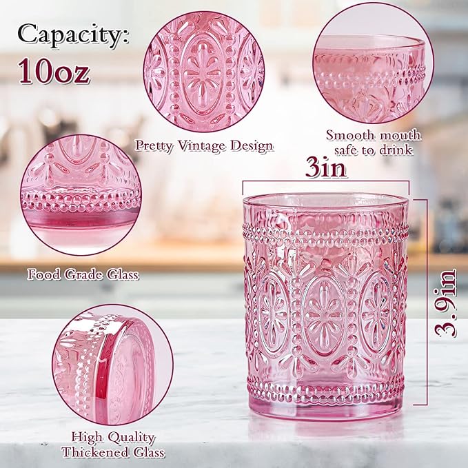 abrwyy Pink Glassware set of 4, Vintage Drinking Glasses, 10oz Pink Heavy Duty Glass Cups, Old Fashioned Glass, Embossed Glasses Set for Party Wedding Home Office Glassesware Gift