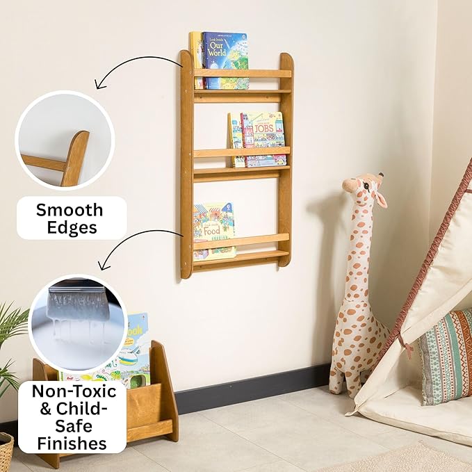 Montessori Wall-Mounted Bookshelf for Toddlers Toy Storage Shelf Organizer for Playroom and Classroom Floor Bookshelves for Kids Room (Oak, L, 3)