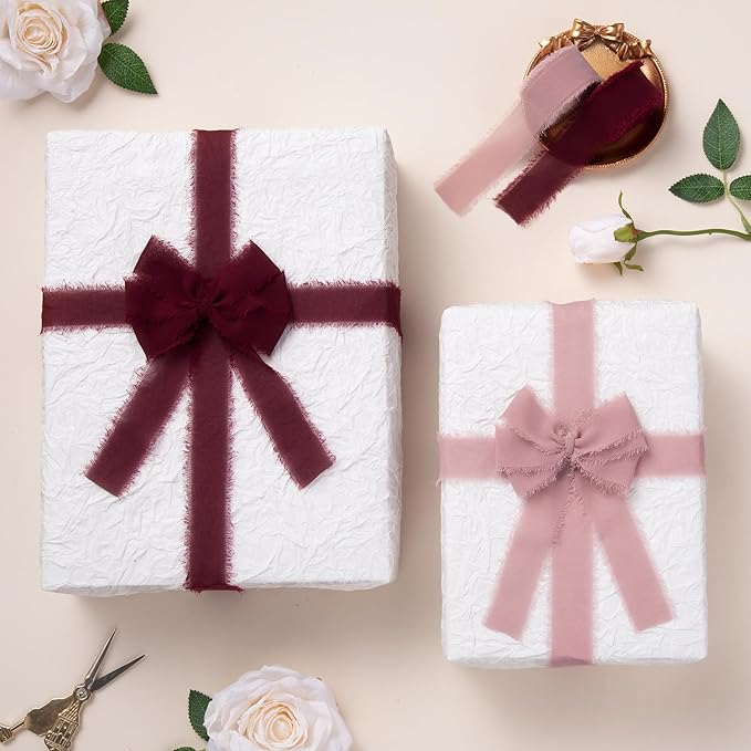 DORIS HOME Burgundy Chiffon Ribbon for Flower Bouquet, 1" x21Yd Fabric Ribbon for Gift Wrapping, Handmade Frayed Ribbon for Wedding Invitations/Christmas Decorations