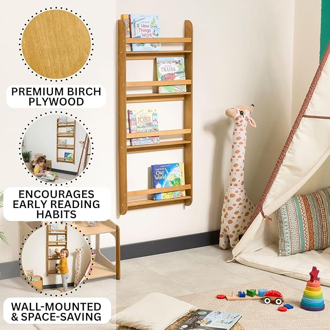 Montessori Wall-Mounted Bookshelf for Toddlers Toy Storage Shelf Organizer for Playroom and Classroom Floor Bookshelves for Kids Room (Oak, L, 4)