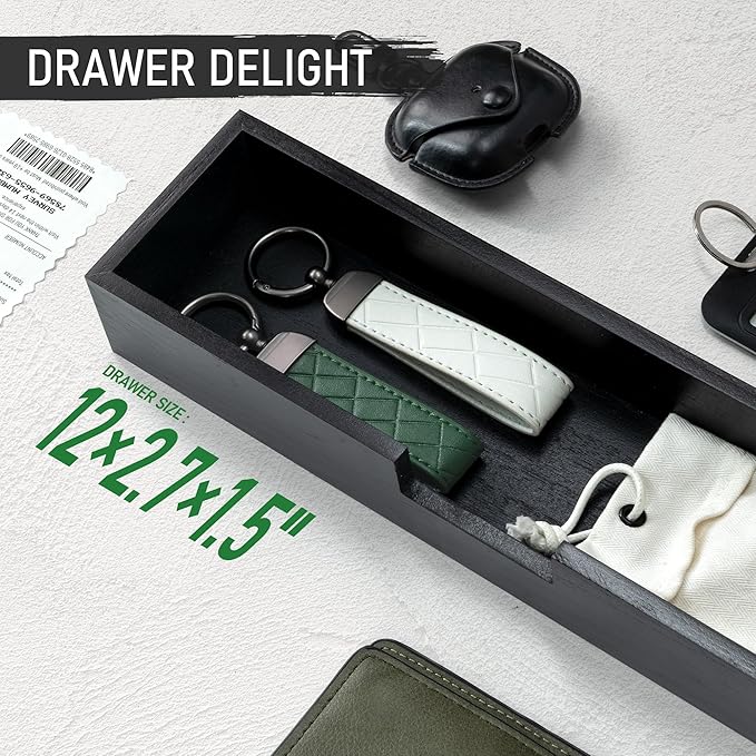 Rebee Vision Decorative Pine Wood Key Holder Wall Mount with Drawer Organizer – Modern Mail Organizer with 6 Key Hooks and Storage Drawer – Home Decor for Apartment Essentials (Black)