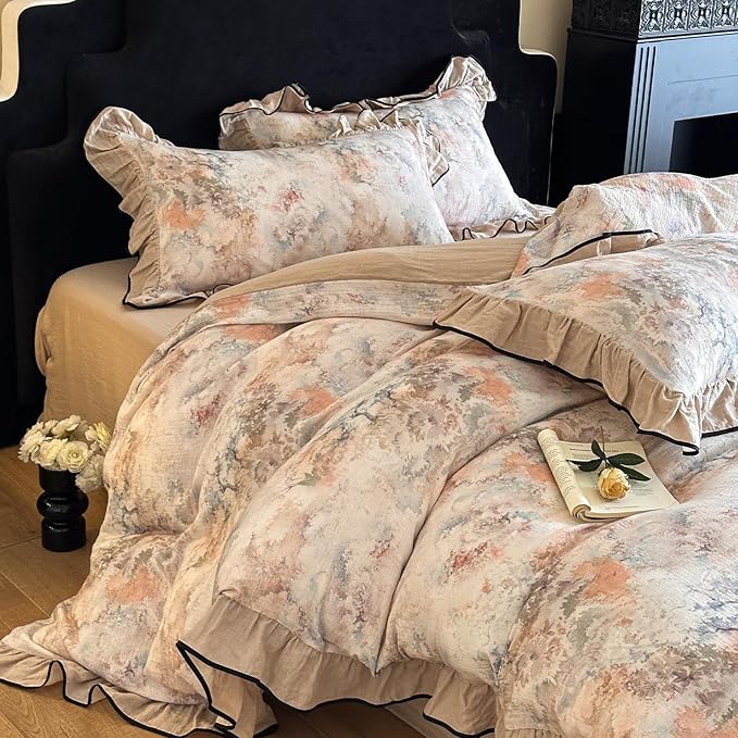 HighBuy Ruffle Duvet Cover Queen Size,Vintage Beige Botanical 100% Muslin Yarn-Dyed Linen Bedding Set for Women Girls,Farmhouse Bedding Super Soft Comfortable Boho Chic Lightweight 3 Pieces
