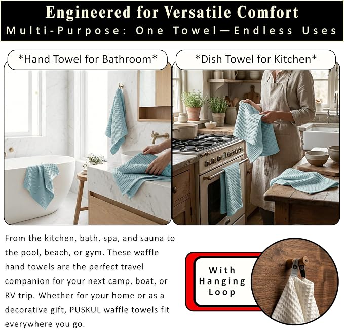 PÜSKÜL Natural 100% Turkish Cotton Waffle Kitchen Towels Set of 3 | Oeko-Tex, Premium Waffle Hand Towels for Bathroom | Soft Absorbent Quick-Dry Lint-Free Dish Towel Large 32x16 inch (3, Turquoise)