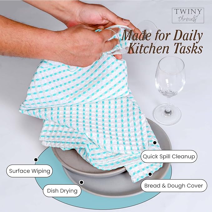 TWINY threads Waffle Kitchen Towels 4 Pack, 100% Cotton 16x26 Dishcloth Set, Highly Absorbent & Quick Dry Tea Towels for Drying Dishes, Cleaning Counters & Everyday Use, Aqua Blue, White