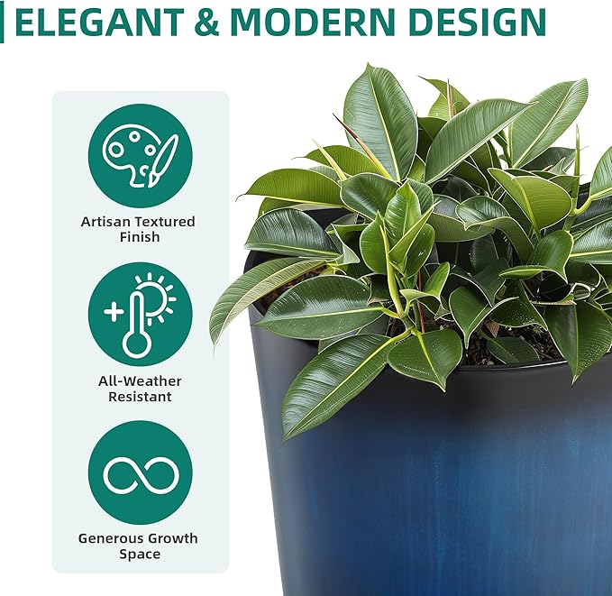 23.8" Tall Planters Large Set of 2 Plant Pots Plastic Flower Pots Outdoor Artistic Floating Cobalt Blue Glaze, UV-Protect & Lightweight PP Container for Garden, Patio, Deck, Porch, Indoor
