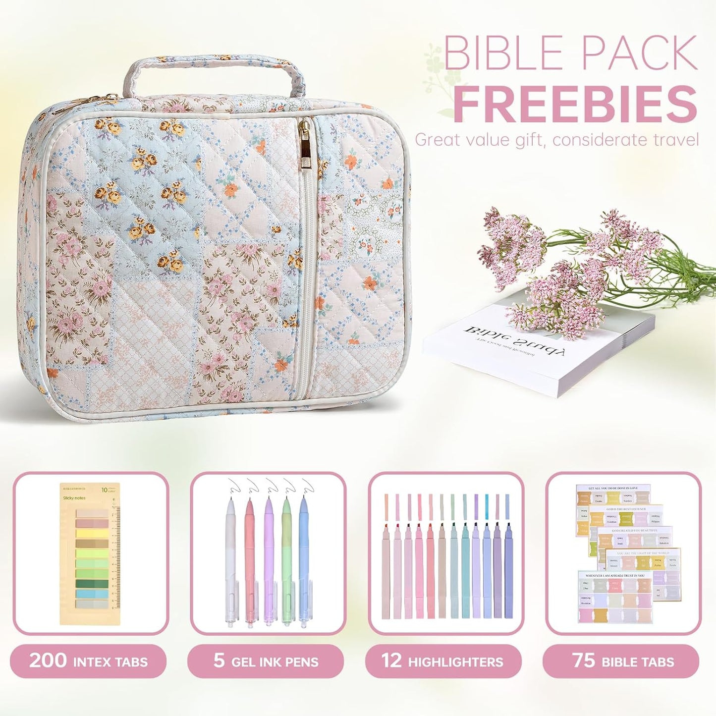 Skiennix Bible Cover Case - Large Quilted Design with Durable Handle | Spliced Flower Pattern