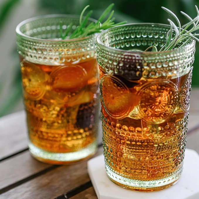 Kate Aspen Hobnail Beaded Floral Green Drinking Glasses Set of 6, (13 oz) Vintage Glassware & Cocktail Glass Set, Juice Glass, Water Cups | Great Hostess Gift & Gift for New Home Owners (Pack of 4)