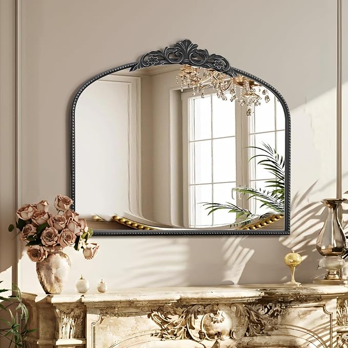 Micasso Vintage Black Arched Mirror: 36"x29" French Baroque Antique Wall Mounted Mirror - Traditional Ornate Decorative for Wall/Fireplace/Entryway/Bathroom/Hallway - Home Decor for Living Room