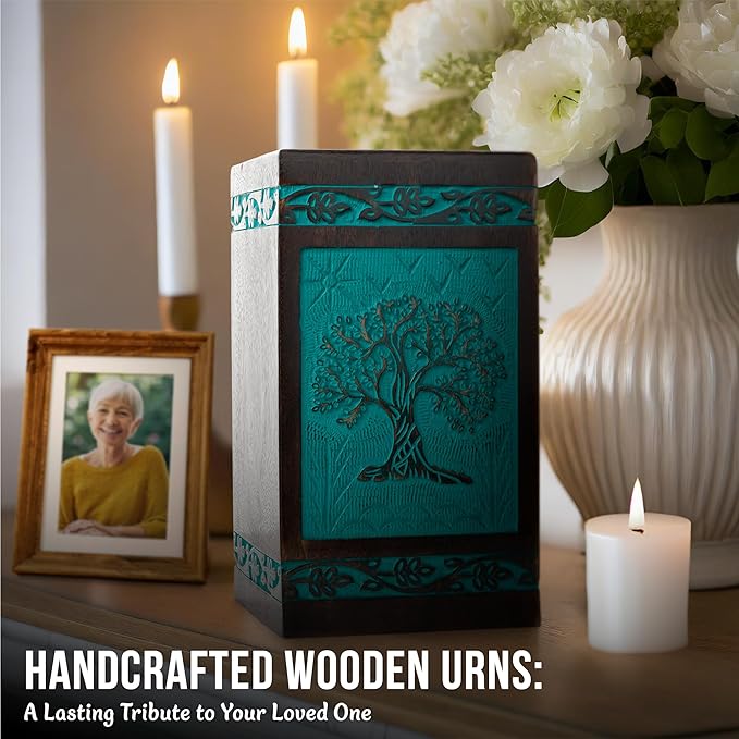 INTAJ Wooden Cremation Urns for Human Ashes - 115 lbs, Handcarved Tree of Life Design, Suitable for Men, Women, Mom, Dad - TSA Approved, Decorative Memorial Urn Box, Green