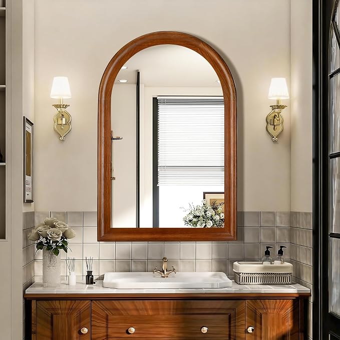 Tanmicoshomy Wood Bathroom Mirror for Wall 24x36 Inch,Rustic Wall Mirrors with Tempered Glass for Living Room, Bedroom or Entryway(Walnut)