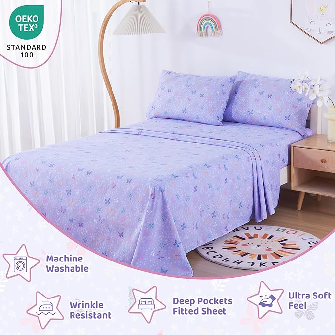 Viviland 3 Pieces Girls Light Purple Twin Sheet Set - Soft Microfiber Fitted Flat Sheets & Pillowcase - Butterfly Floral Printed Bedding Sets - for Kids & Toddlers