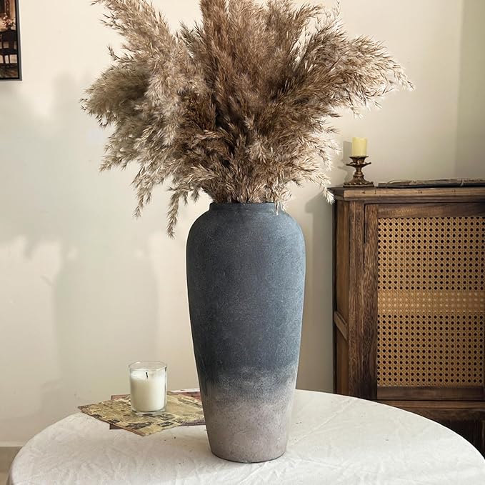 15 Inch Rustic Ceramic Vase, Black Flower Vase for Centerpieces, Farmhouse Decor for Living Room, Entryway & Kitchen, Vintage Pottery Vase for Wedding Gifts