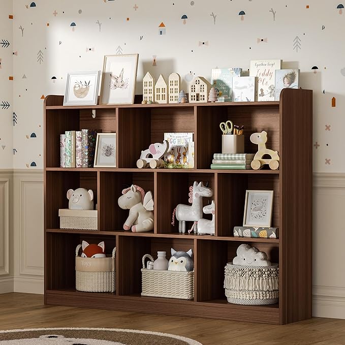 Brown Bookshelf, Wood Bookcase with 3 Tier Open Shelves, 10-Cube Minimalist Storage Shelf for Living Room, Bedroom, 55.1" W x 42.5" H