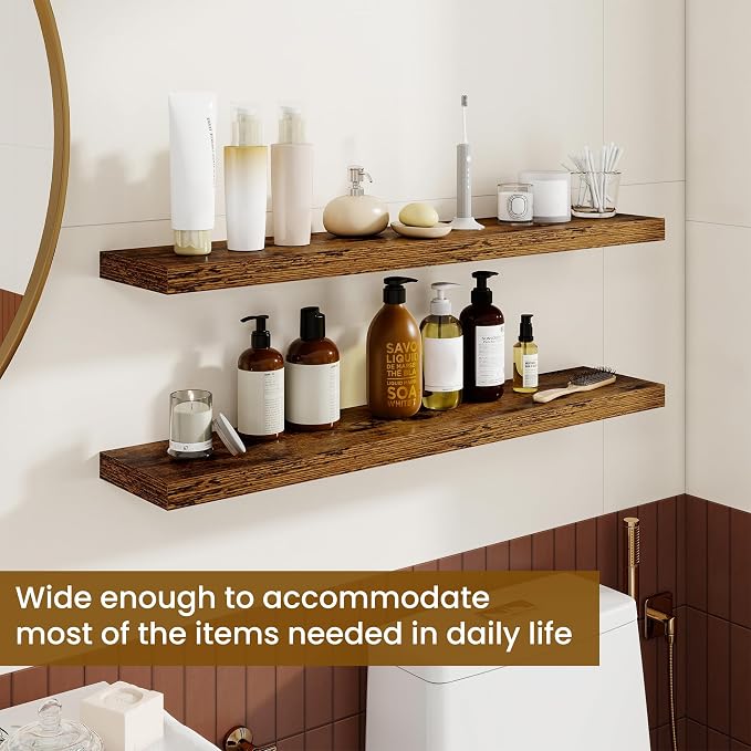 Dreamland 36Inch Floating Shelves for Wall, Rustic Wooden Floating Shelves for Bathroom|Bedroom|Kitchen, 2 Pack Deep Wall Mounted Book Shelf, Wood Storage Display Shelf for Home Decor, Brown
