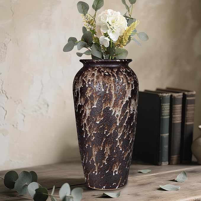 Ceramic Rustic Floor Vase, 12" Large Farmhouse Flower Vase for Home Decor, Vintage Vase Decor for Living Room Centerpieces,Office,Housewarming,Wedding