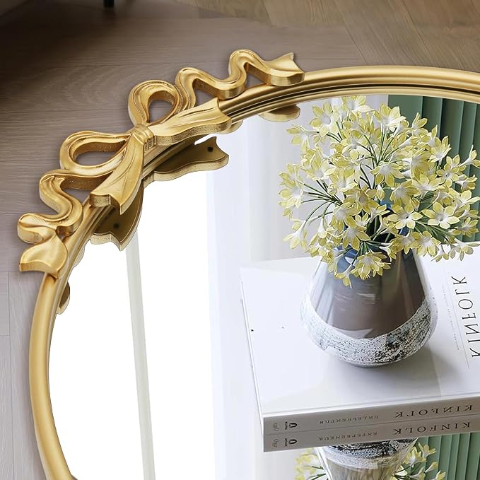 Besdomus Vintage Gold Mirror: 27" Bow Round Wall Mounted Mirror - Baroque Traditional Ornate Metal Framed for Entryway/Fireplace/Bathroom/Hallway - Home Decor for Fashion-Conscious