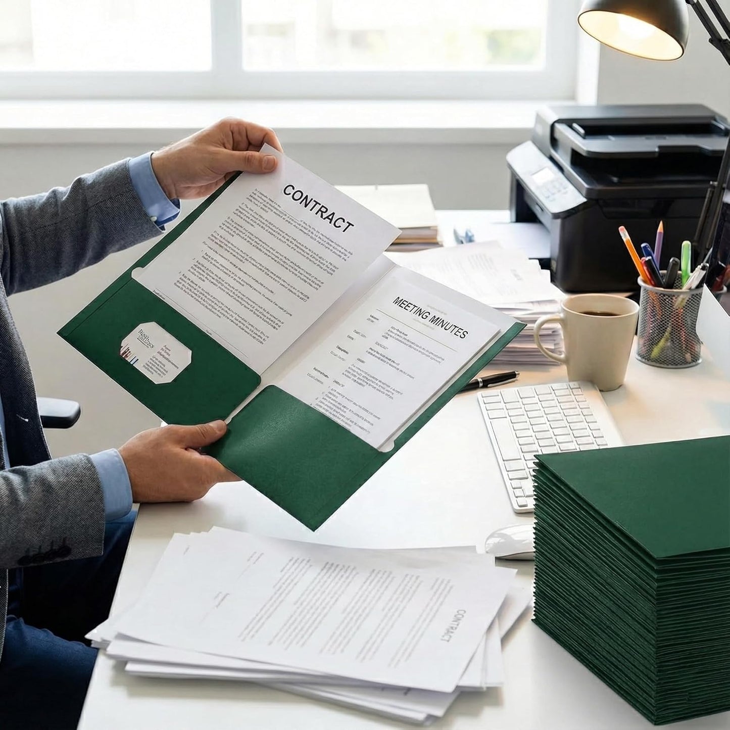 Zzrywuty File Folders - Green Document Organizers with Pockets | 50 Pack, Letter Size for School & Office