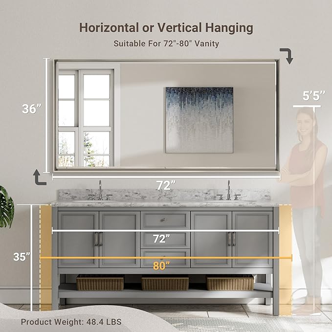 72 x 36 Brushed Nickel Bathroom Mirror, Beveled Framed Rectangle, Shatterproof Anti-Rust Vertical/Horizontal Wall-Mounted