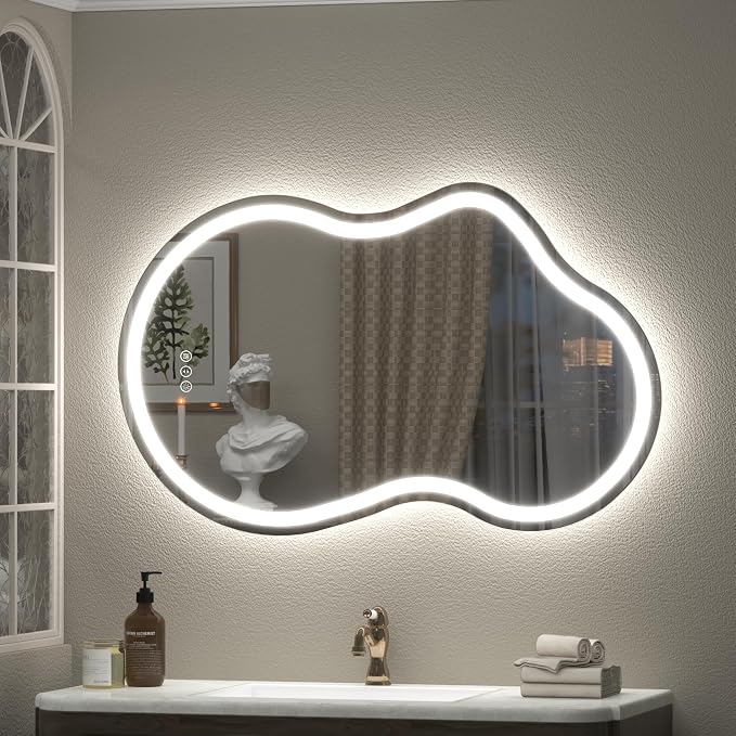 24x36 Inch Asymmetrical LED Bathroom Mirror, Irregular Cloud LED Lighted Vanity Mirror with Lights for Wall, Anti-Fog, Dimmable, 3 Colors, Memory (Horizontal/Vertical)