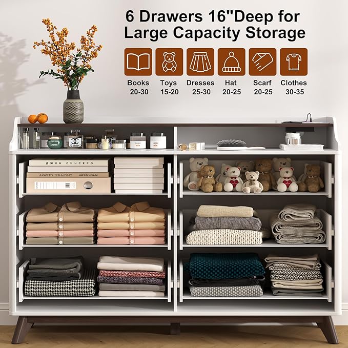 Dresser for Bedroom with 6 Drawers, 55" Large Dresser & Chest of Drawers with Charging Station, Wood Closet Clothes Storage Long Dressers Organizer for Bedroom Living Room Hallway, White