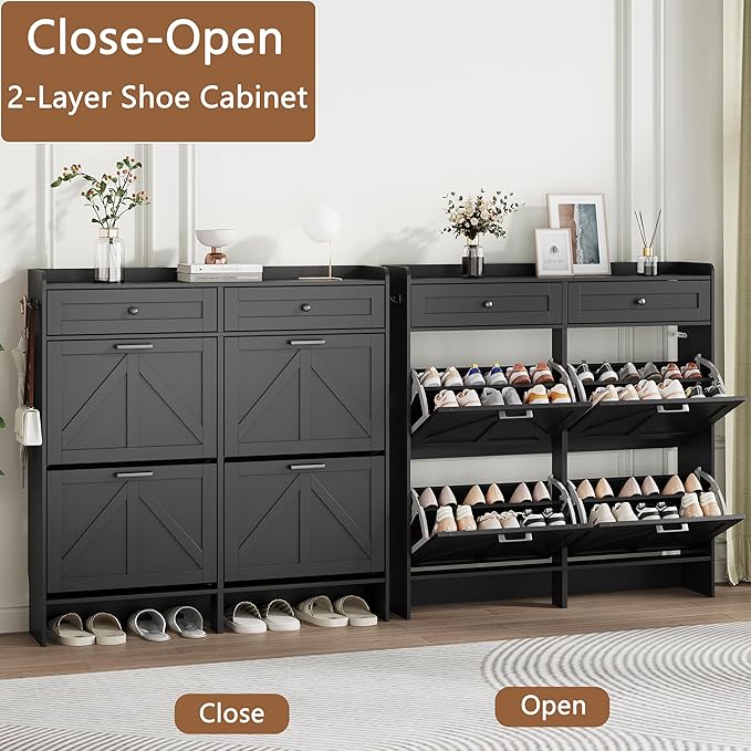 Shoe Cabinet with 4 Flip Drawers & 2 Top Drawers, 43" Tall Freestanding Narrow Wooden Shoe Storage Organizer for Entryway, Hidden Slim Shoe Rack for Front Door Entrance, Hallway, Living Room, Black