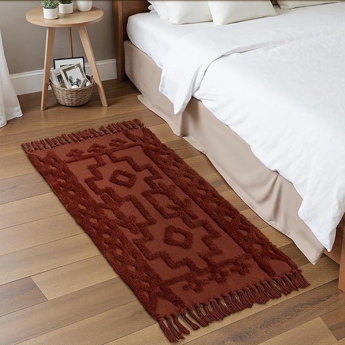 Uphome Boho Bathroom Runner Rug 2' x 4.3', Washable Woven Cotton Bedroom Runners, Terracotta Aesthetic Tufted Entryway Runner Rugs, Bohemian Tribal Throw Rug for Bedside Living Room Laundry Kitchen