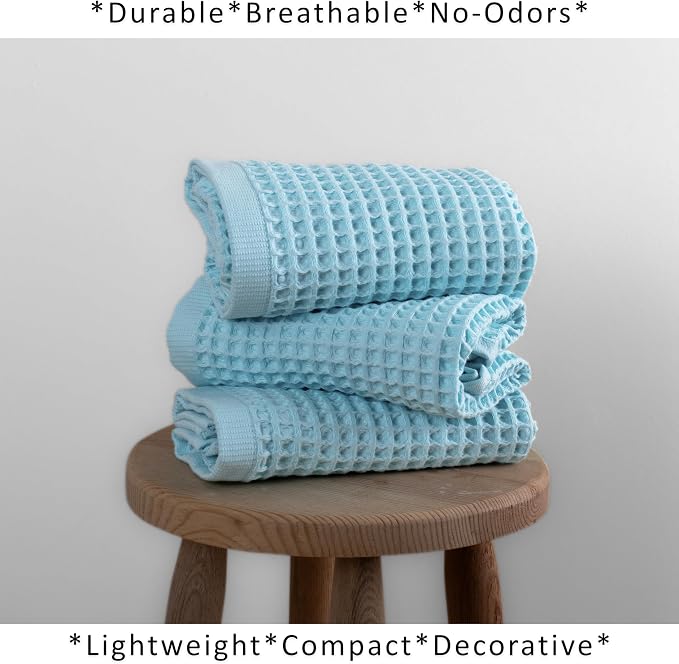 PÜSKÜL Natural 100% Turkish Cotton Waffle Kitchen Towels Set of 3 | Oeko-Tex, Premium Waffle Hand Towels for Bathroom | Soft Absorbent Quick-Dry Lint-Free Dish Towel Large 32x16 inch (3, Turquoise)